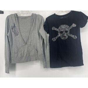 Y2K Skull Tops Gray Long Sleeve Hoodie Black T-shirt Women's Large 100% Cotton